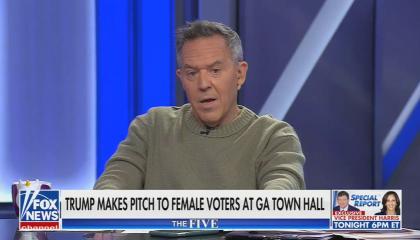 still of Gutfeld; chyron: Trump makes pitch to female voters at GA town hall