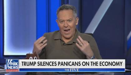 still of Gutfeld; chyron: Trump silences panicans on the economy