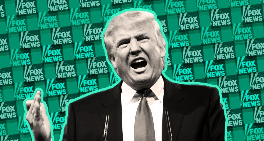Donald Trump's face superimposed over a background of green Fox News logos. 