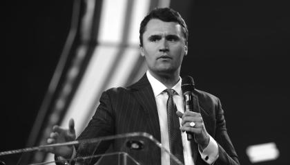 Black and white image of Charlie Kirk