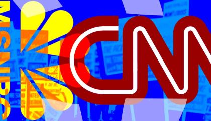 MSNBC and CNN logos imposed over picket signs