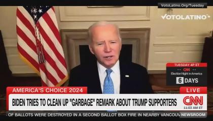 President Biden above a chyron reading, "Biden tries to clean up ‘garbage’ remark about Trump supporters"