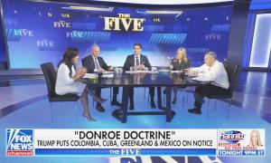 Fox News screenshot of The Five, with "The Donroe Doctrine" below it. saying that Trump has put "Colombia, Cuba, Greenland, and Mexico on notice"