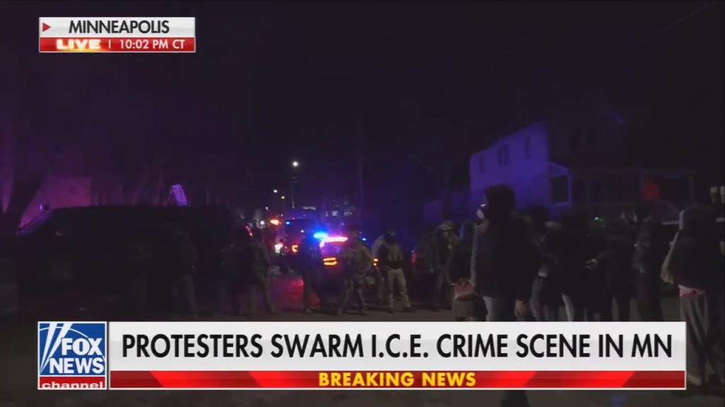 Chyron reads: “Protesters swarm I.C.E crime scene in MN”