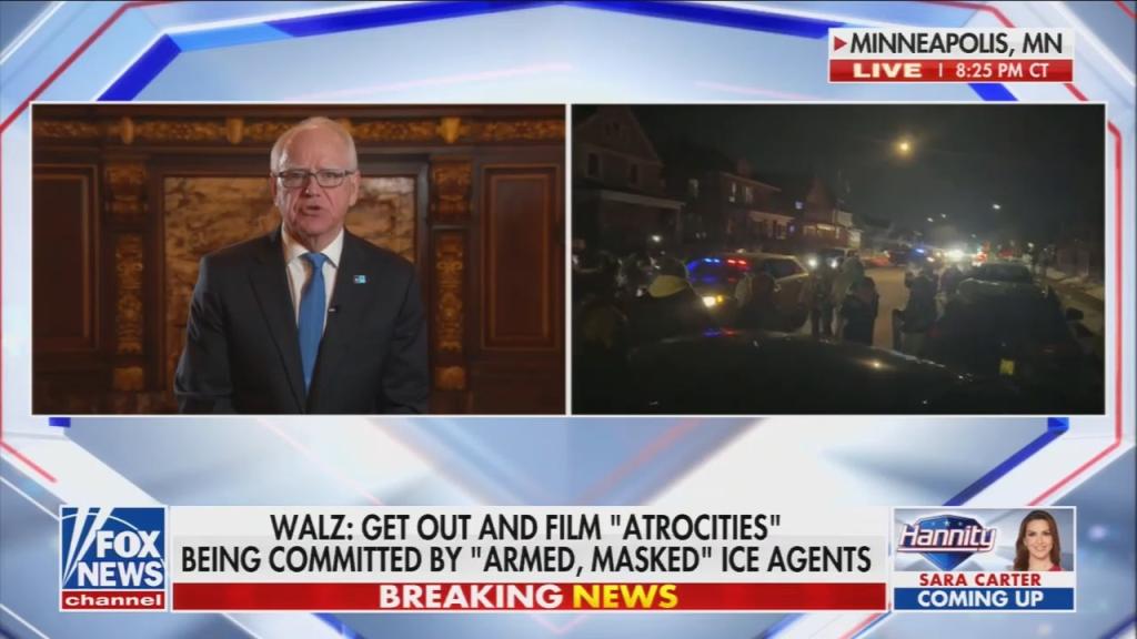 Chyron reads: “Walz: Get out and film ‘atrocities’ being committed by ‘armed, masked’ ICE agents”