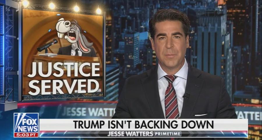 still image of Jesse Watters; chyron: Trump isn't backing down