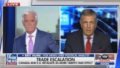 still of Roberts, Hume; chyron: Trade escalation / Canada and E.U. retaliate as more tariffs take effect