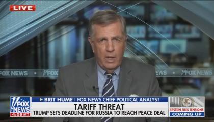still of Hume; chyron: Tariff threat // Trump sets deadline for Russia to reach peace deal