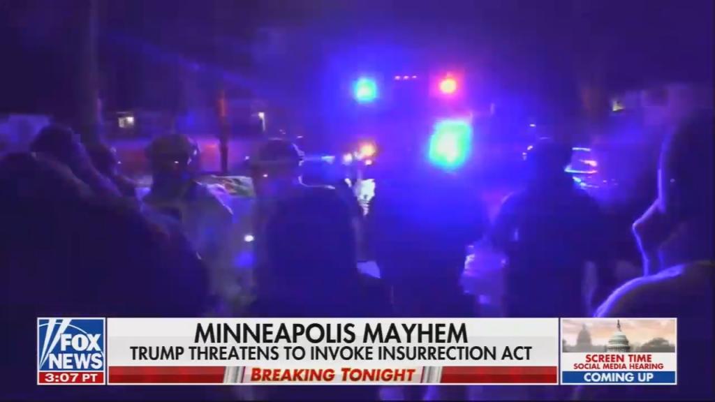 Chyron reads: “Minneapolis mayhem: Trump threatens to invoke Insurrection Act”