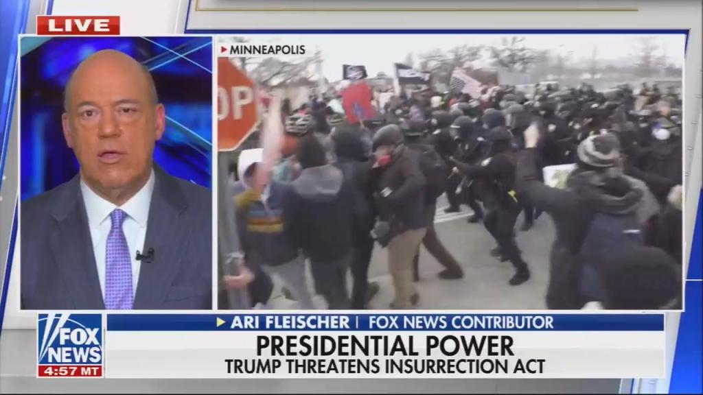 Chyron reads: “Presidential power: Trump threatens Insurrection Act”