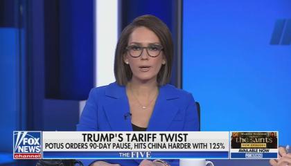 still of Jessica; chyron: Trump's tariff twist / POTUS orders 90-day pause, hits China harder with 125%