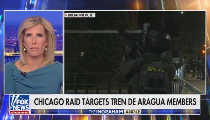 Laura Ingraham's show with a chyron that reads, "Chicago raid targets Tren de Aragua members"