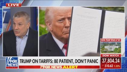 still of Gasparino; chyron: Trump on tariffs: Be patient, don't panic