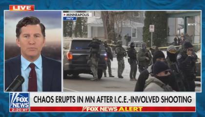 still of Cain; chyron: Chaos erupts in MN after ICE-involved shooting