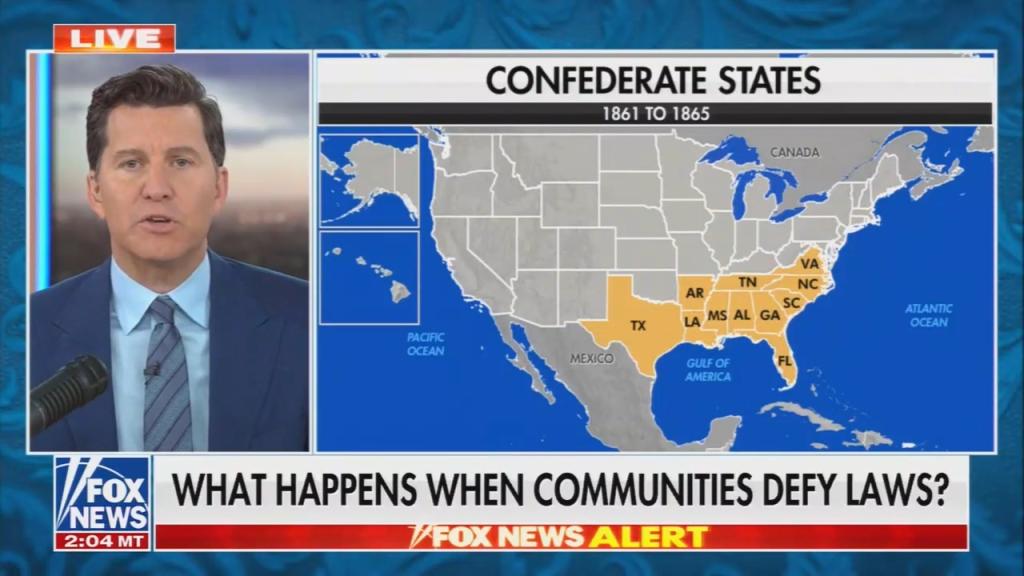 Chyron reads: "What happens when communities defy laws?"; Graphic shows a map of the Confederate States