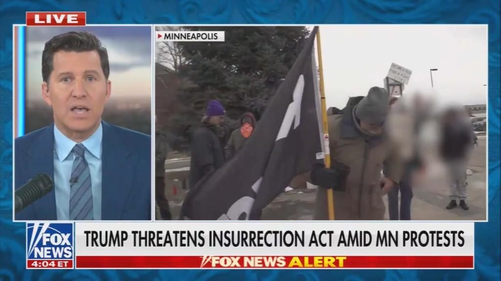 Chyron reads: “Trump threatens Insurrection Act amid MN protests”