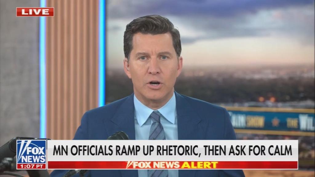 Chyron reads: "MN officials ramp up rhetoric, then ask for calm"