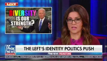 Campos-Duffy, in pink shirt, addresses the audience next to a box of Joe Biden speaking with his arms open asking "Diversity is our strength?"