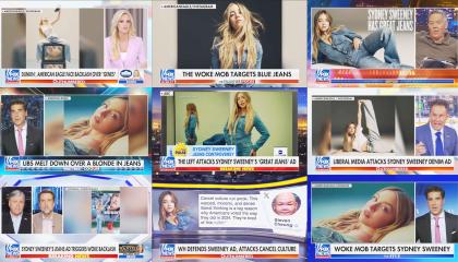 collage of Fox News graphics featuring Sydney Sweeney American Eagle jeans ad 