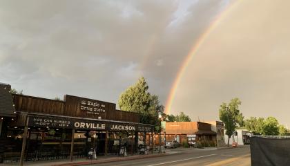Idaho bar The Old State Saloon with a rainbow over it