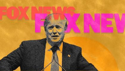 Donald Trump in front of the Fox News logo 
