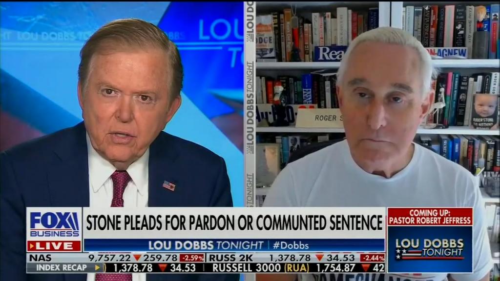 chyron reads: "Stone pleads for pardon or commuted sentence"