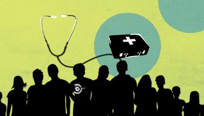 Silhouettes of people in front of generic medical imagery