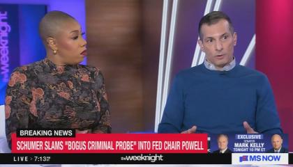 still of Angelo; chyron: Schumer slams "bogus criminal probe" into fed chair Powell