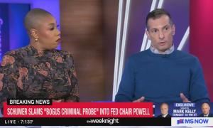 still of Angelo; chyron: Schumer slams "bogus criminal probe" into fed chair Powell