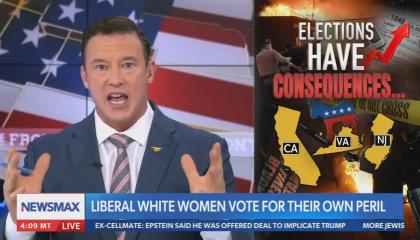 still of Higbie; chyron: Liberal white women vote for their own peril
