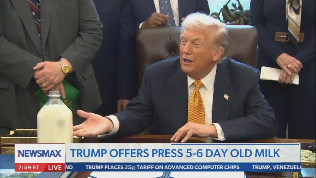 Newsmax screenshot of Trump offering old milk to reporters