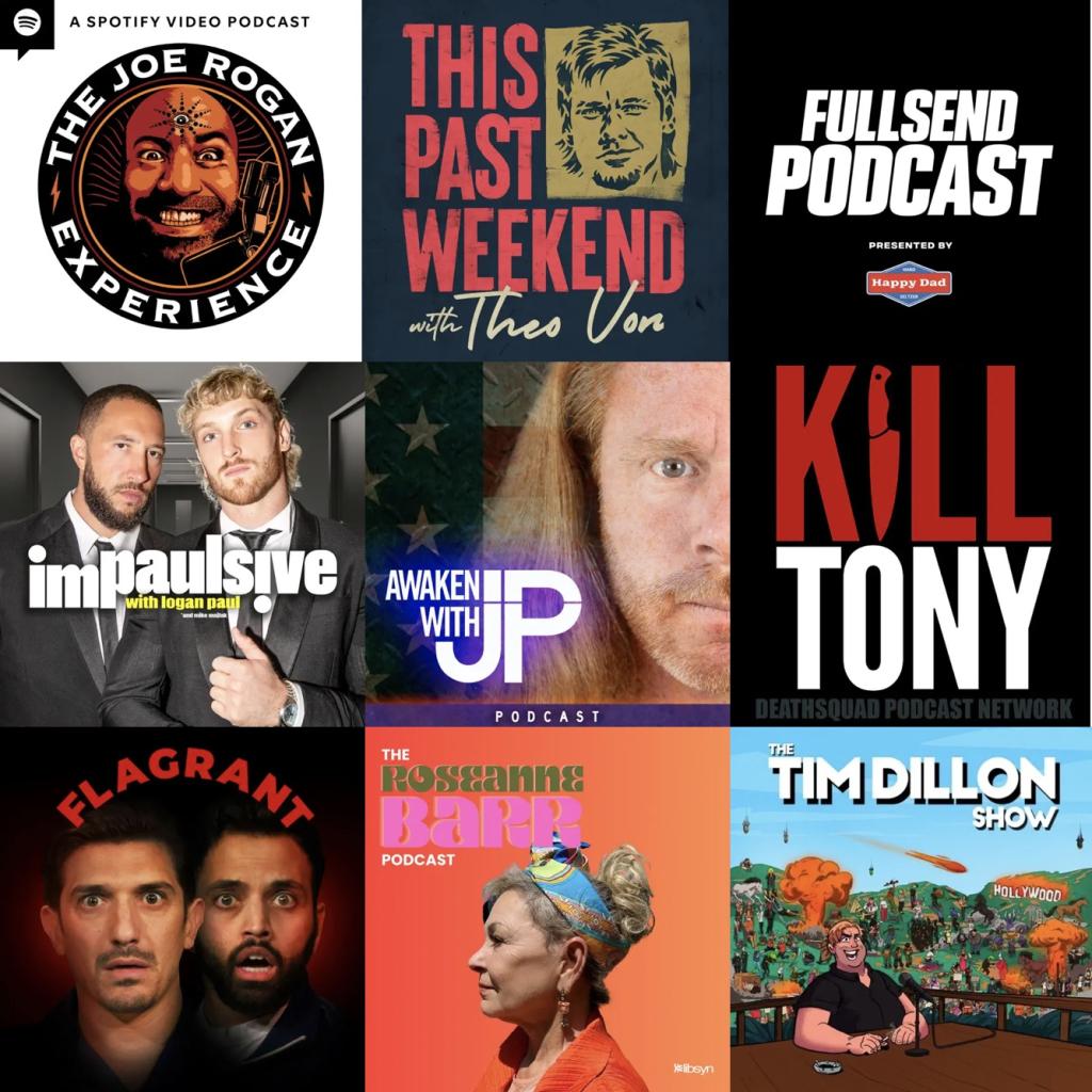 Logos of 9 comedy podcasts on Apple Podcasts