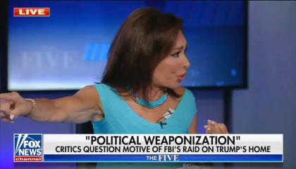 still of Jeanine Pirro; chyron: "Political weaponization" Critics question motive of FBI's raid on Trump's house
