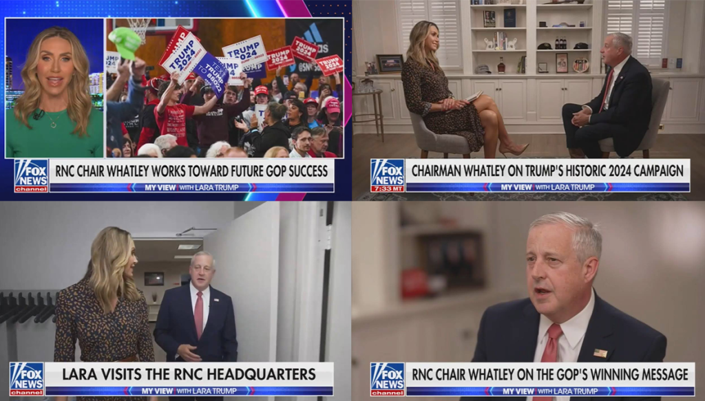 Collage of Fox News screenshots showing Lara Trump's interview with Michael Whatley