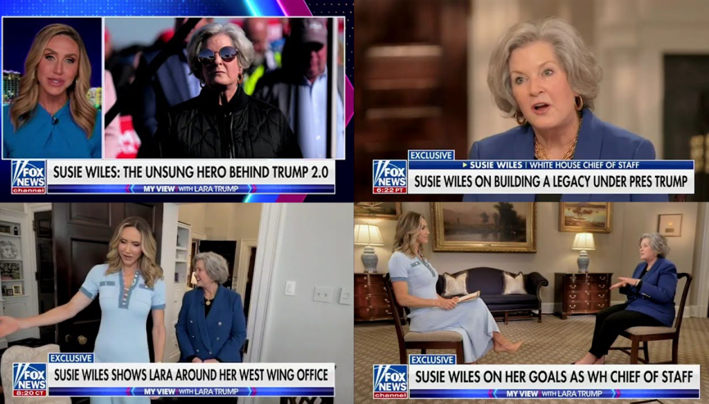 Collage of screenshot from Fox News segment of Lara Trump interviewing Susie Wiles
