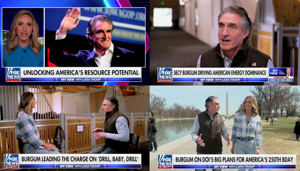 Collage of screenshot from Fox News segment of Lara Trump interviewing Doug Burgum
