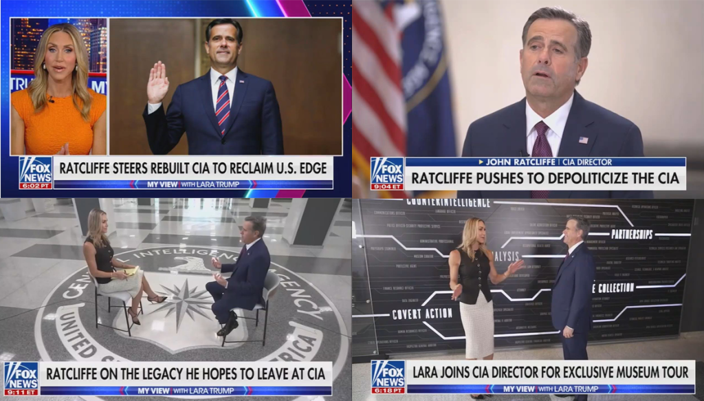 Collage of Fox News screenshots showing Lara Trump's interview with John Ratcliffe