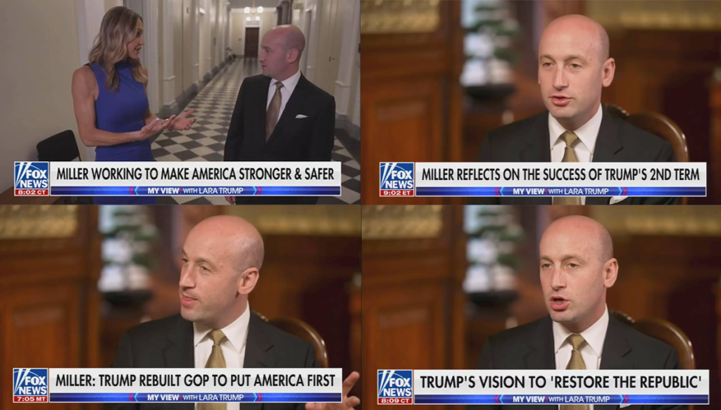 Collage of Fox News screenshots showing Lara Trump's interview with Stephen Miller