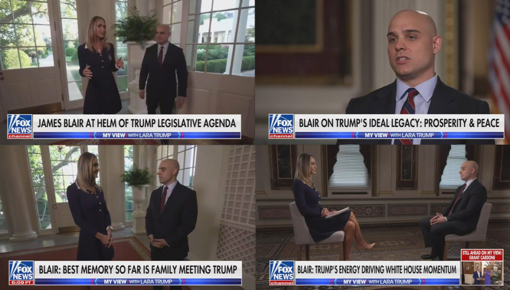 Collage of Fox News screenshots showing Lara Trump's interview with James Blair