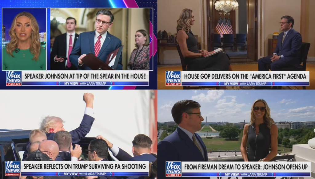 Collage of Fox News screenshots showing Lara Trump's interview with Mike Johnson