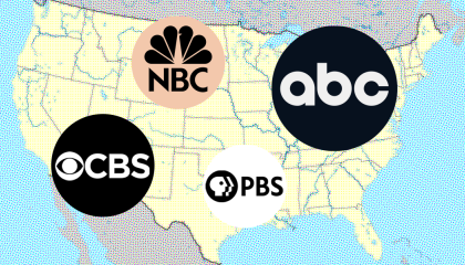 The logos for the ABC, CBS, NBC, and PBS broadcast networks over the continental United States