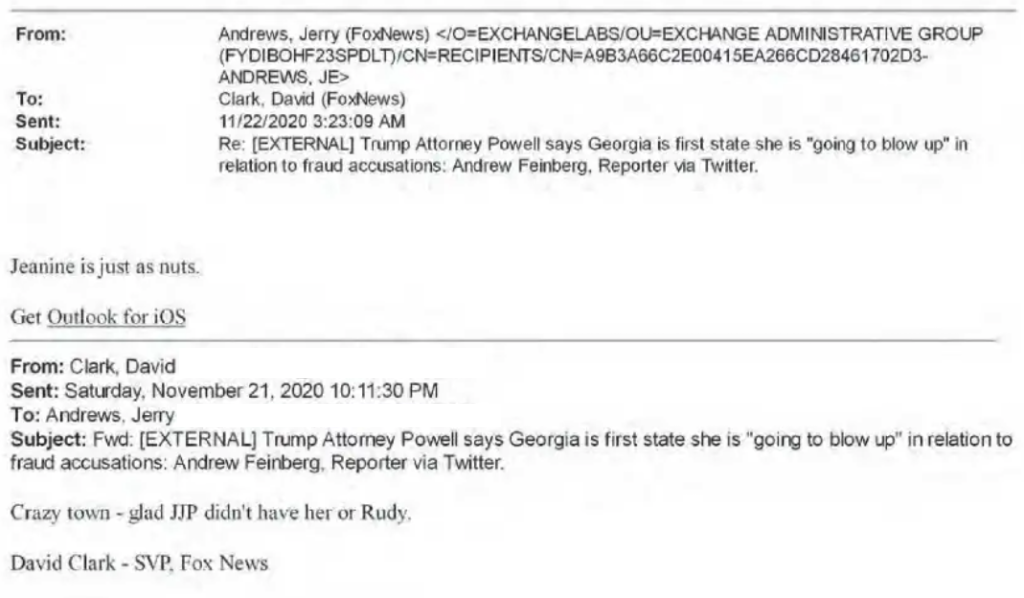 Emails between Clark and Andrews, and Pirro on November 22, 2020, via the Dominion lawsuit. 