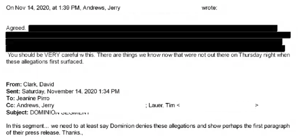 Emails between Clark, Andrews, and Pirro on November 14, 2020, via the Dominion lawsuit. 