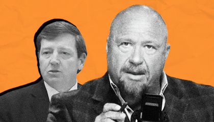 Ed Martin and Alex Jones on orange background