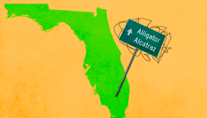 Image of the state of Florida with a sign that reads "Alligator Alcatraz"