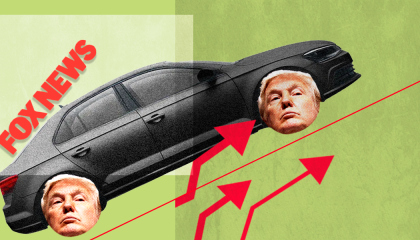 A car with Trump's face as its wheels driving up an incline to represent price increases, with a Fox News logo on the top left corner