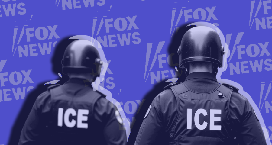 ICE officers, in front of a stylized background with Fox News logo on it