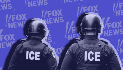ICE officers, in front of a stylized background with Fox News logo on it