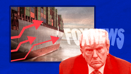 An image showing a cargo ship, Donald Trump, and Fox News with lines going up