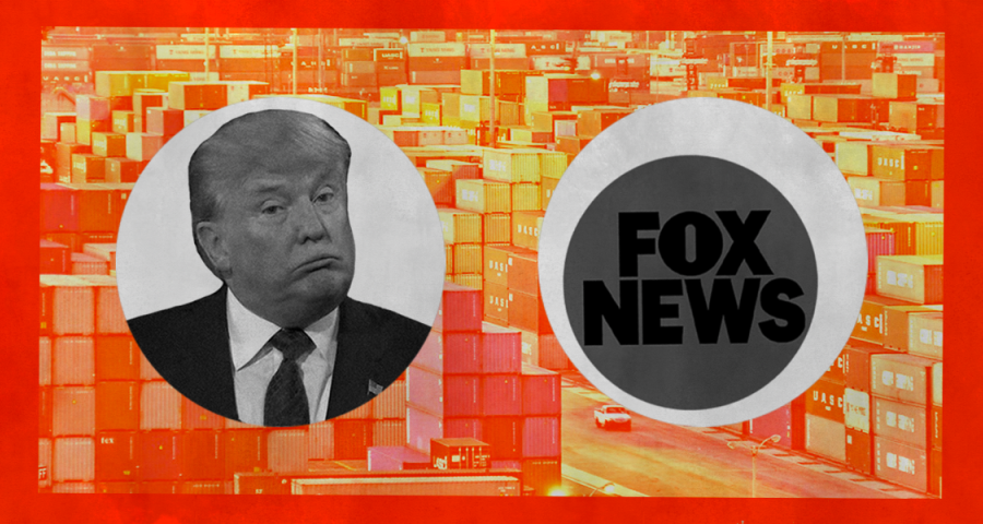 An image showing Donald Trump and the Fox News logo with cargo containers in the background